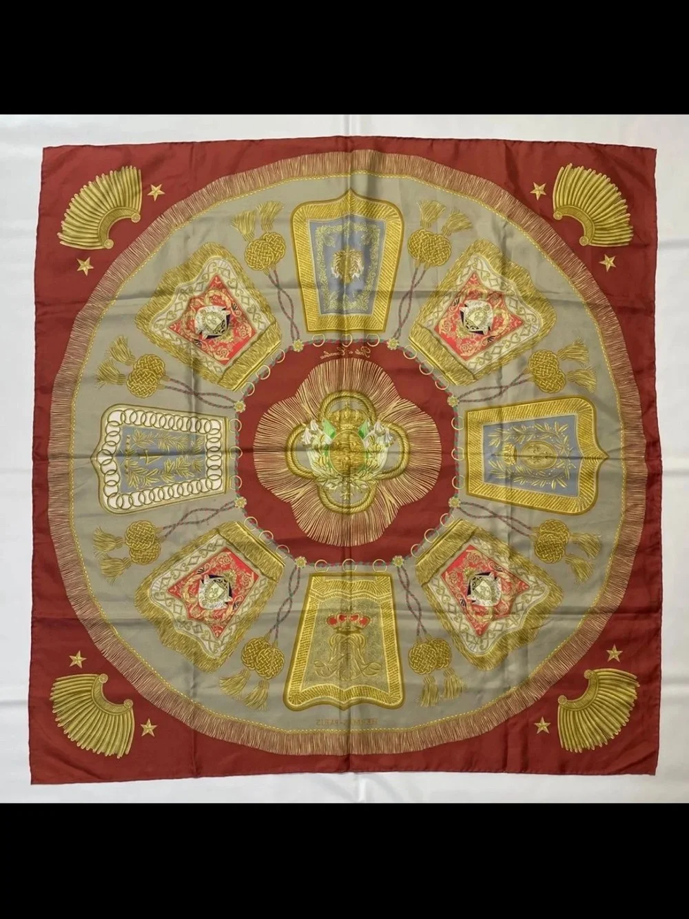 Hermes Red Gold Gray Printed Silk Scarf